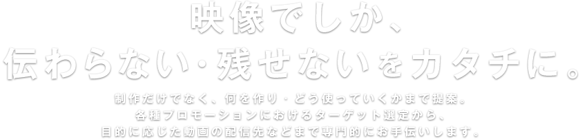 映像でしか、伝わらない・残せないをカタチに。制作だけでなく、何を作り・どう使っていくかまで提案。各種プロモーションにおけるターゲット選定から、目的に応じた動画の配信先などまで専門的にお手伝いします。